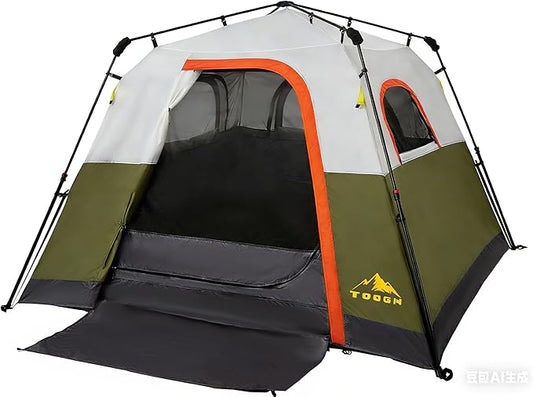3/4 Person Camping Tent with 1 Door, 4 Windows, and Upgraded Ventilation– Instant Setup, Waterproof, 8'x 8'x 67''Oxford Fabric Floor Pop Up in 60 Seconds Includes Rainfly and Backpack
