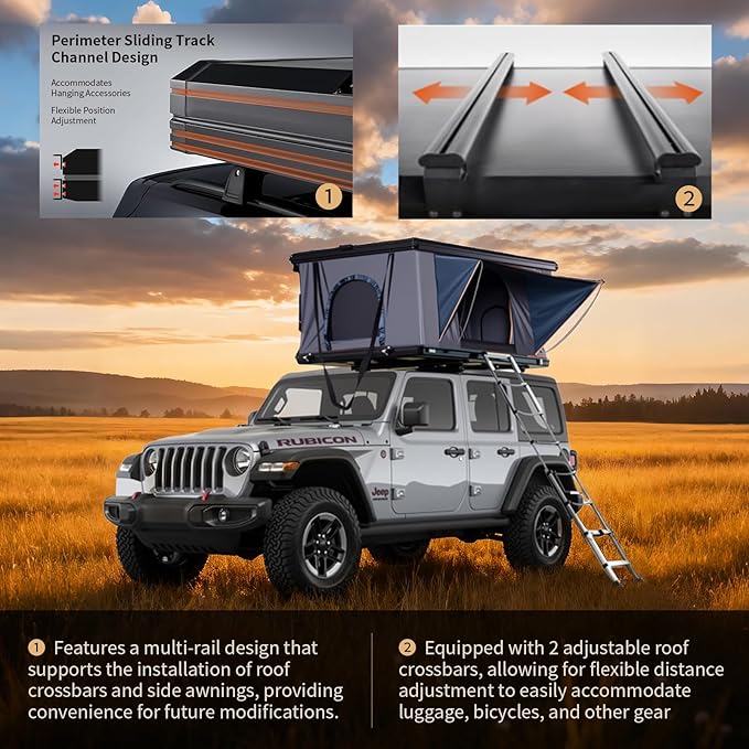 Hard Shell Roof Top Tent with Adjustable Crossbars, 4-Season Waterproof Pop-up Tent with Detachable Thermal Insulation Liner, Anti-Condensation Mat & USB Power Hub for Trucks, SUVs, Vans