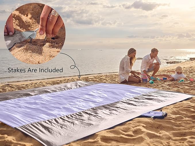 WEKAPO Beach Blanket Sandproof Waterproof, Extra Large Beach Mat, Oversized & Compact Sand Free Mat Quick Drying, Lightweight & Durable with Stakes & Corner Pockets