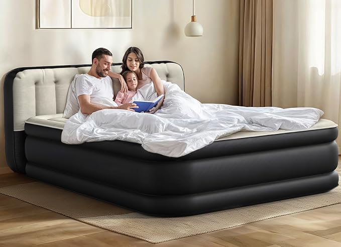 YITAHOME 18'' Flocked Top Queen Air Mattress with Built-in Pump and Headboard, Durable Inflatable Bed, Blow-Up Mattress for Indoor and Outdoor Use, Black