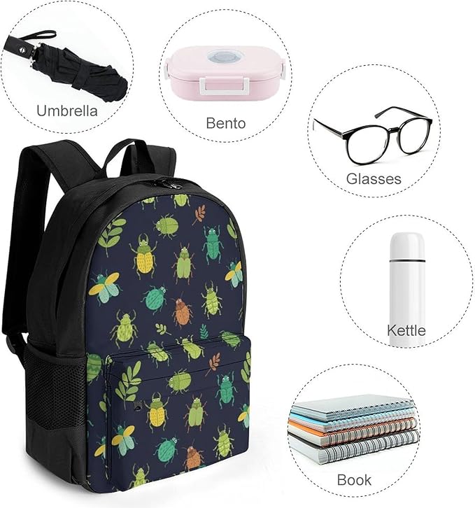Men Women Polyester Insect Beetle Art Daypack Big Capacity Shoulder Bag With Smooth Zippers for Hiking Work Walking Cycling