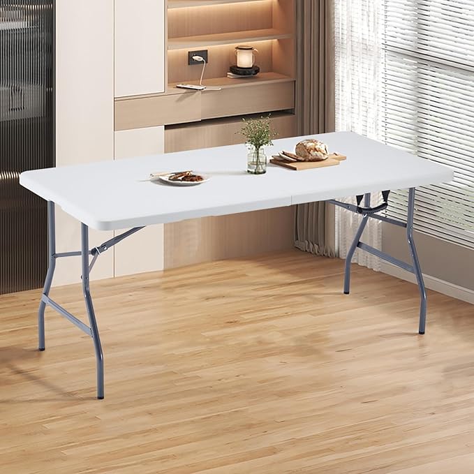 BOOSDEN 5 Foot Folding Table - Portable Plastic Fold-in-Half Utility Table With Carrying Handle for Indoor Outdoor Use - Picnic, Party, Camping, Banquet
