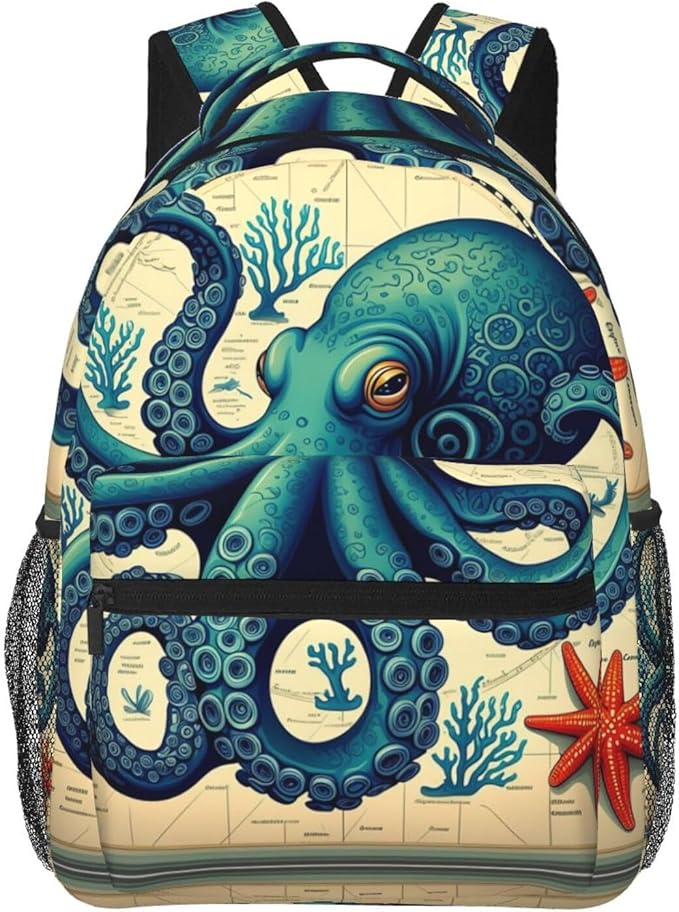 Polyester Daypack Backpack for Trekking Picnic Walking Cycling, Large Capacity Anti-Theft Multipurpose Shoulder Bag, Retro Octopus Art Casual Daypack