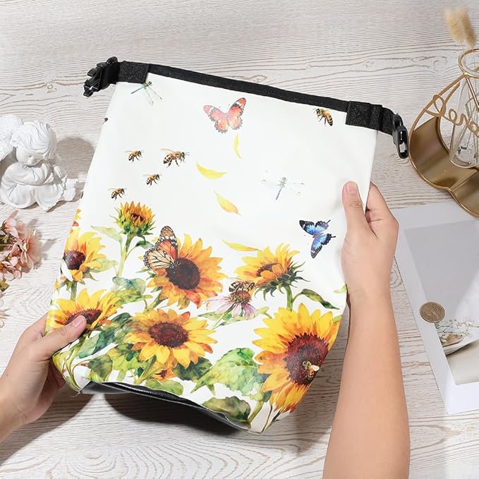Floating Waterproof Dry Bag Backpack 5L Lightweight Sunflower Butterfly Pattern PVC Roll Top Dry Sack for Kayaking Boating Camping Fishing Swimming Beach Rafting Hiking Outdoor Activities