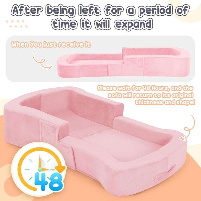 Toddler Travel Bed, 2-in-1 Foldable Portable Toddler Bed Sofa Chair, Soft Baby Kids Travel Floor Cot with Washable Covers Safety Foam Raised Bumper for Camping Hotel Sleeping (Pink)