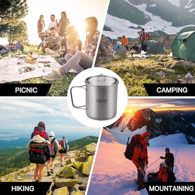 Lixada Titanium Pot, Lightweight Camping Pot Titanium Cup Titanium Backpacking Pot with Portable Foldable Handles for Outdoor Camping Hiking Backpacking