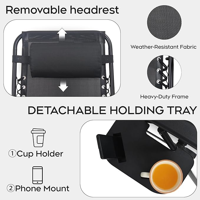 Set of 2 Adjustable Zero Gravity Lounge Chairs Outdoor Recliner w/Cup Holder Tray & Removable Pillows, Ergonomic Reclining Chair for Camping Patio Lawn Balcony (Black)