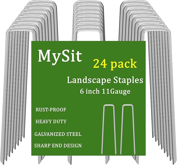 MySit 6" Galvanized Landscape Staples Garden Stakes Pins 24 Pack, Heavy-Duty 11 Gauge Garden Staples Anti-Rust Fence Stakes for Anchoring Weed Barrier Fabric Irrigation Tubing Soaker Hose
