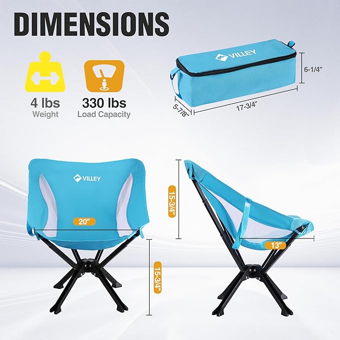 VILLEY Portable Folding Chair Lightweight Camping Chair No Assembly Needed, Quick Setup for Beach, Hiking, Supports 330 LBS, Blue, 2-Pack