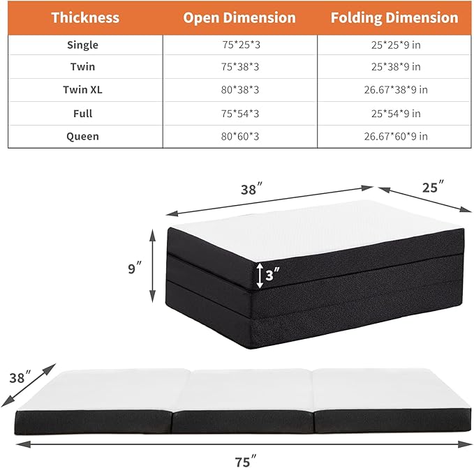 Folding Memory Foam Mattress, 3" Tri-Fold Twin Mattress Topper with Washable Cover, Portable Guest Floor Bed Non-Slip for Travel Camping