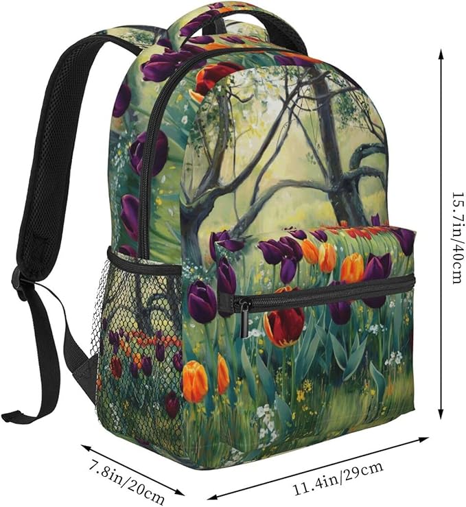 Men Women Lightweight Colorful Sea Of Tulips Art Daypack Bookbag Big Capacity Carry On Bag With Side Pockets for Camping Travel Bicycle