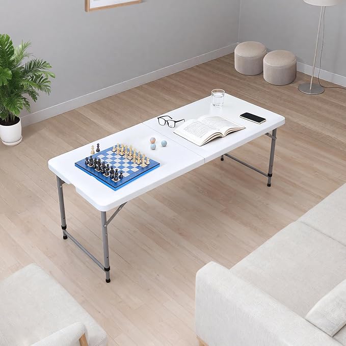Folding Table 4-FootSmall White Plastic Utility Table Portable,Indoor and Outdoor Adjustable Height with HandleTable, Camping,Partyand Gathering