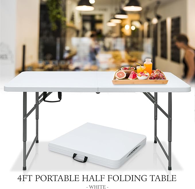 AJP Distributors 4 Foot Portable Plastic Folding Table 4FT 48" Half Foldable Heavy Duty Top w/Carry Handle - Indoor Outdoor Backyard Camping Picnic BBQ Party Wedding Dining Office Event Meeting White