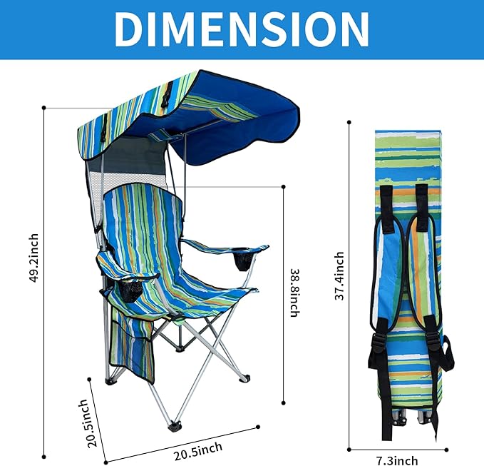 Portable Camping Chair with Adjustable Canopy Shade- Folding Camping Lounge Chair with Cup Holder & Side Pocket for Outdoor Camping, Fishing, Beach - Support 330 LBS (STREAK-2PK)