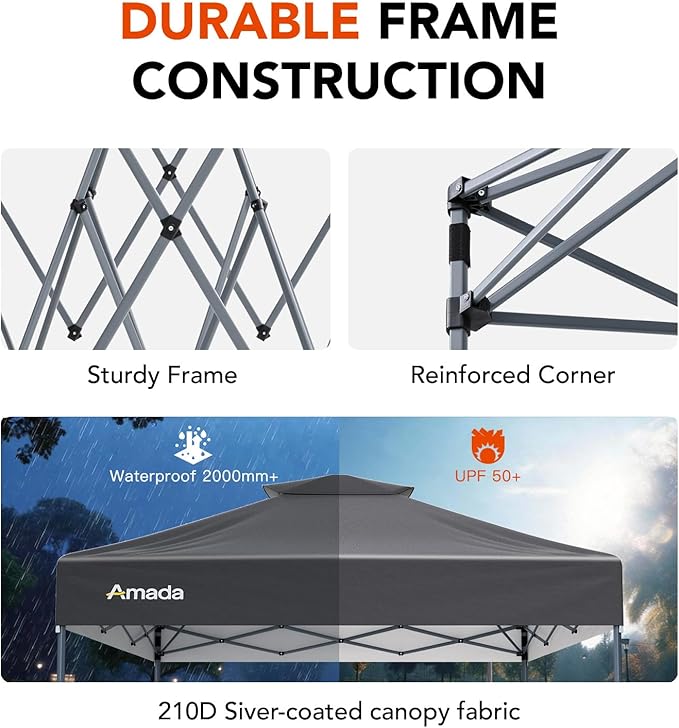 Amada 10x10 Pop Up Canopy - Center Lock One Push Instant Setup Gazebo Outdoor Canopy Beach Tent with STO-N-Go Bag 8 Stakes & 4 Sand Bags, 3-Height Adjustable Shade Shelter (10x10ft, Grey)