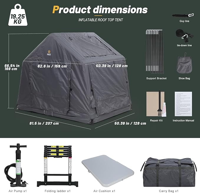 Nice C Inflatable Rooftop Tent with Air Mattress & Ladder, SUV Truck Car Tent for Camping, Easy Setup Pop-Up Camping Car Roof Tents with Pump, Waterproof Windproof Overland Tents (Black&Grey)