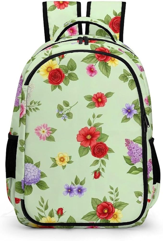 Nurse Teacher Laptop Backpack Shabby Chic Flowers Roses Pedals Dots Leaves Buds Spring Season Theme, Cute Travel Backpack Purse with Tumbler Holder for Women College Work Commute