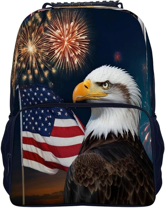 Daypack Bookbag Anti-Theft Multipurpose Large Capacity Bookbag, Bald Eagle American Flag Fireworks Travel Hiking Camping Rucksack With Adjustable Shoulder Straps