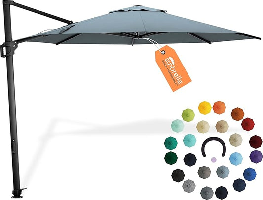 Midtown Umbrellas The Grande Round 10 FT Outdoor Cantilever Patio Umbrella w/Sunbrella Canvas Haze Acrylic Fabric - 8 Rib Aluminum Frame Offset w/Tilt And 360° Rotate Pedal System - Black Frame