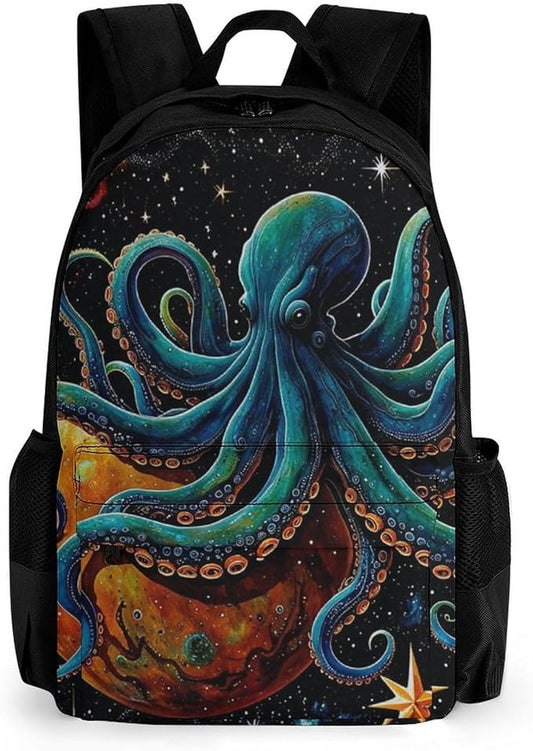 Supdreamc Men Women Lightweight Octopus On The Moon Holding Stars Planet Art Backpack Large Capacity Carry On Bag With Padded Straps for Sports Work Walking Cycling
