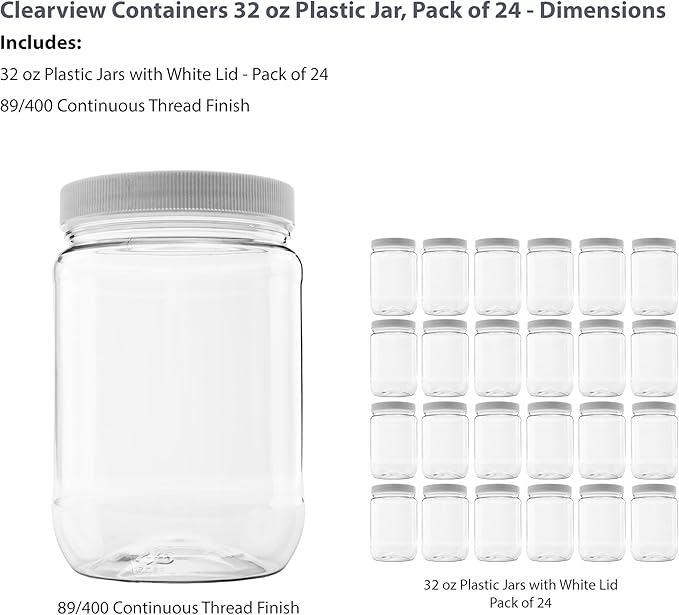 24 Pack of 32 Ounce Plastic Quart Jars with 89RM Leak Proof Seal Lid - Food Grade and BPA Free (32oz, 24pk)