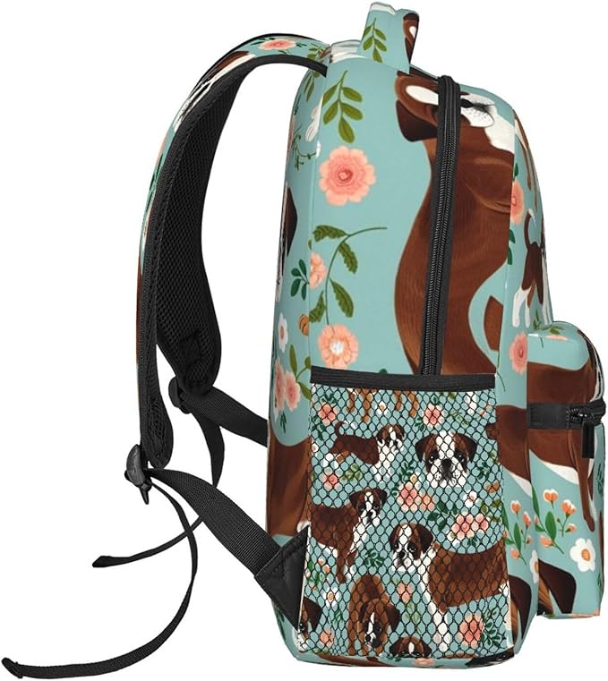 Men Women Polyester Boxer Dog Flowers Florals Mint Green Daypack Backpack Large Capacity Carry On Bag With Smooth Zippers for Hiking Picnic Walking Cycling