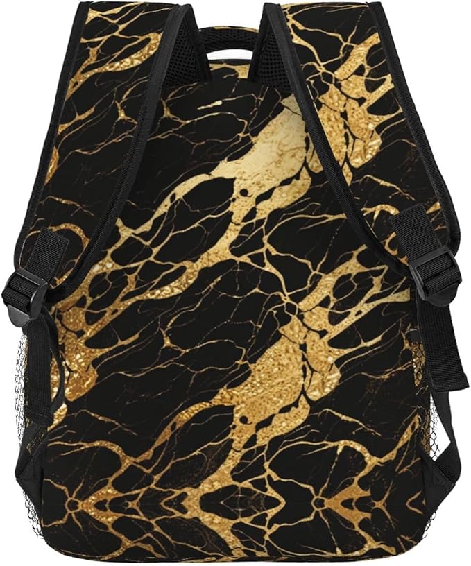 Men Women Lightweight Black Marble Gold Texture Art Casual Daypack Large Capacity Bookbag With Adjustable Shoulder Straps for Gym Business Bicycle