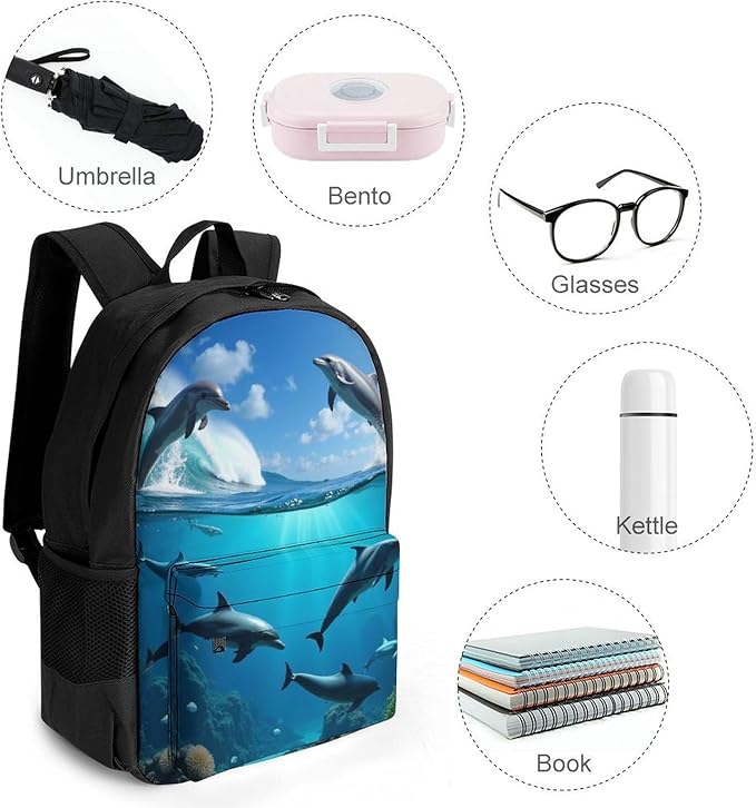 Supdreamc Polyester Daypack Backpack for Trekking Picnic Walking Cycling, Large Capacity Anti-Theft Multipurpose Shoulder Bag, Blue Sea Great Ocean Wave Jumping Dolphin Casual Daypack