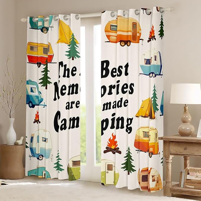 Cartoon Camper Blackout Curtains,Tent Bonfire Campfire RV Trailer Boys Girls Room Decor,Pine Tree Daisy Flower Rustic Window Curtains,Cream 2 Panels,38Wx45L inch