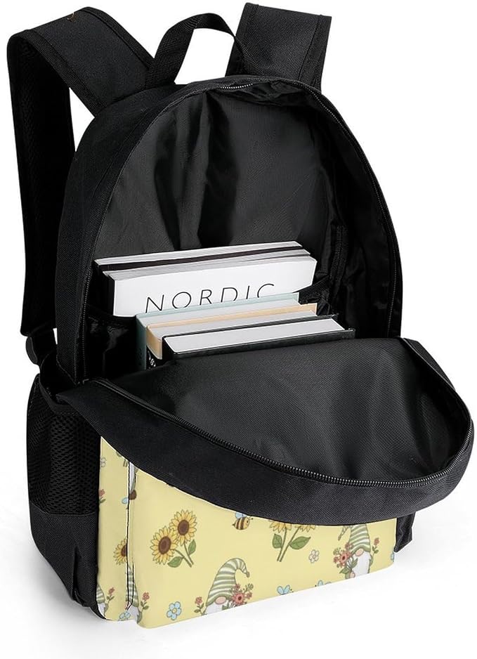 Men Women Polyester Yellow Sunflower Honey Bees Cute Gnome Floral Backpack Large Capacity Bookbag With Smooth Zippers for Climbing Picnic Bicycle