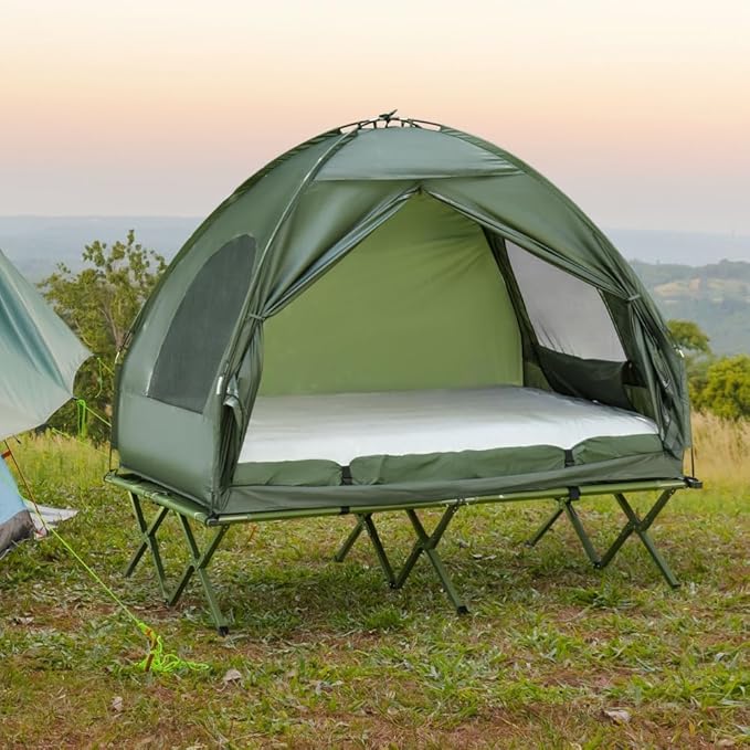 2 Person Foldable Camping Cot with Tent, Bedspread and Thick Air Mattress, 4-in-1 Elevated Camping Bed Tent for Outdoor Hiking, Picnic, Travel