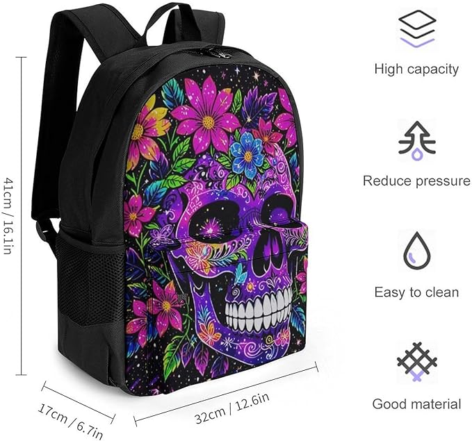 Supdreamc Rucksacks Multipurpose Anti-Theft Big Capacity Bookbag, Sugar Skull Flower Feathers Art Travel Hiking Camping Rucksack With Padded Straps