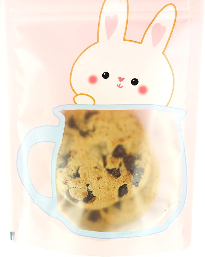QQ Studio 100 Animal Designed Snack Bags, Plastic Bakery Bags, Cute Favor Bags for Snacks, Pastel Cookie Bags with Window, Zipper Seal Treat Storage Bags (5 Inch x 7 Inch, Pink Bunny)