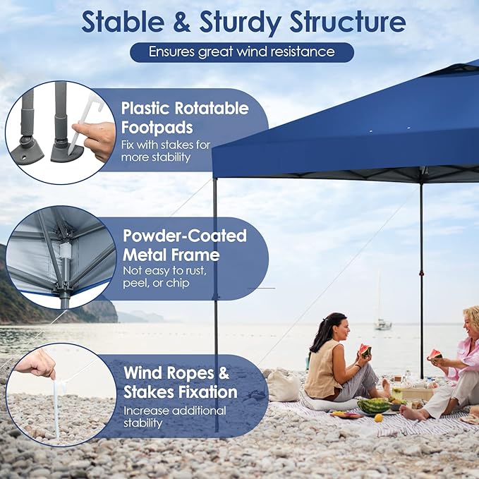 Tangkula 10x10 Ft Pop Up Canopy, Easy Set-up Instant Tent with Center Lock, Carry Bag, Rotatable Feet, 8 Stakes, 4 Ropes, Outdoor Canopy Tent for Beach, Camp, Patio, Market (Blue)