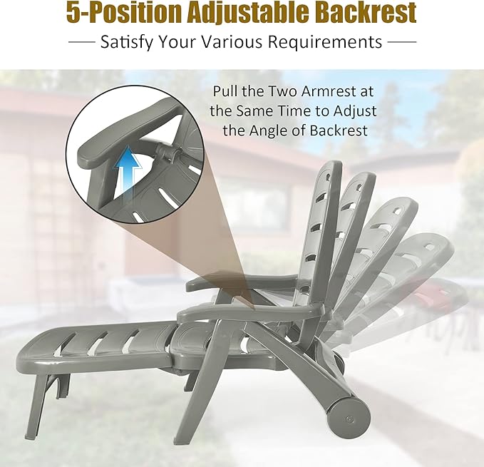 Tangkula Outdoor Chaise Lounge Chair, Adjustable 5-Position Recliner Chair with Built-in Wheels, Weather-Resistance Folding Lounge for Patio, Backyard, Poolside and Beach (1, Grey)