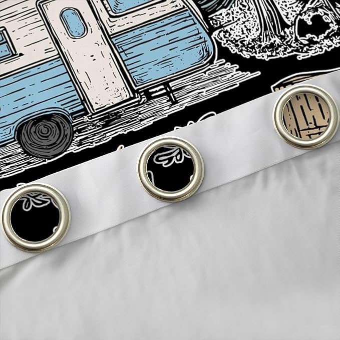 Feelyou Black Camping Camper Rv Curtains for Bedroom Living Room Rustic Farmhouse Camper Blackout Shades Happy Camping Room Darkening Curtain Window Treatments, 2 Panels 52 x 63 Inch Decor