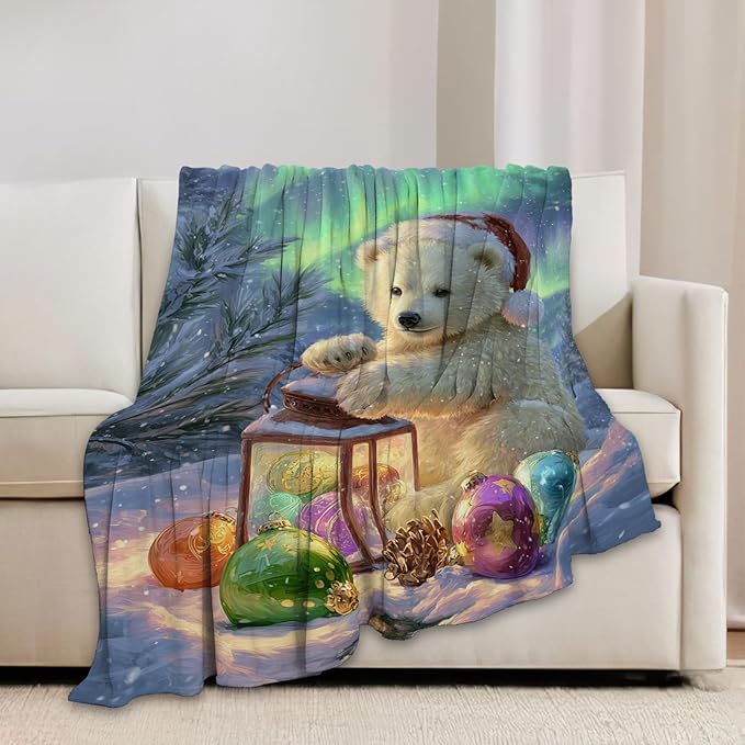 Christmas Polar Bear Blanket Winter Aurora Night Animal Throw Blankets Gifts for Girls Boys Kids White Bear Lover Soft Cozy Fleece Plush for Couch Sofa Bed 50"x40"