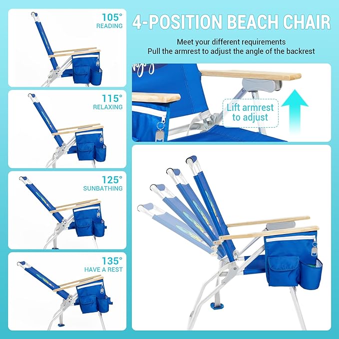 #WEJOY Folding Beach Chair for Adults, 4-Position Aluminum Lightweight Beach Chair, Low Sands Chairs with Shoulder Strap, Cup Holder and Padded Headrest, Supports 265lbs for Lawn