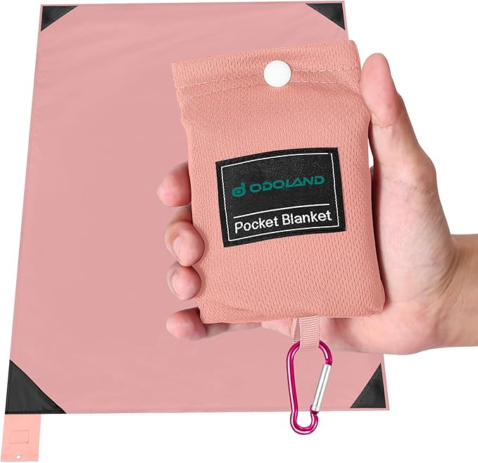 Odoland Beach Blanket Picnic Blanket, 43" x 63" SandProof Waterproof Outdoor Pocket Blanket with Portable Bag, Foldable Lightweight Sand Free Quick Drying Beach Mat for Hiking Camping Travel, Pink