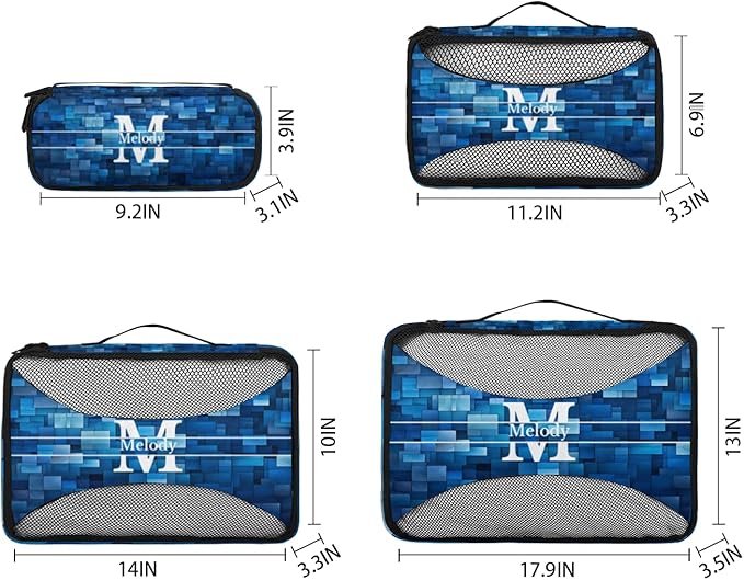 Custom Name 4 Pcs set travel luggage organizer Mesh Travel Essentials for Suitcases, Blue Geometric Pattern with Initial Letter