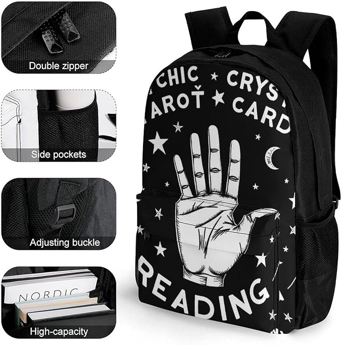 Supdreamc Men Women Polyester Psychic Readings Fortune Teller Art Black Daypack Bookbag Big Capacity Shoulder Bag With Padded Straps for Climbing Travel Walking Cycling