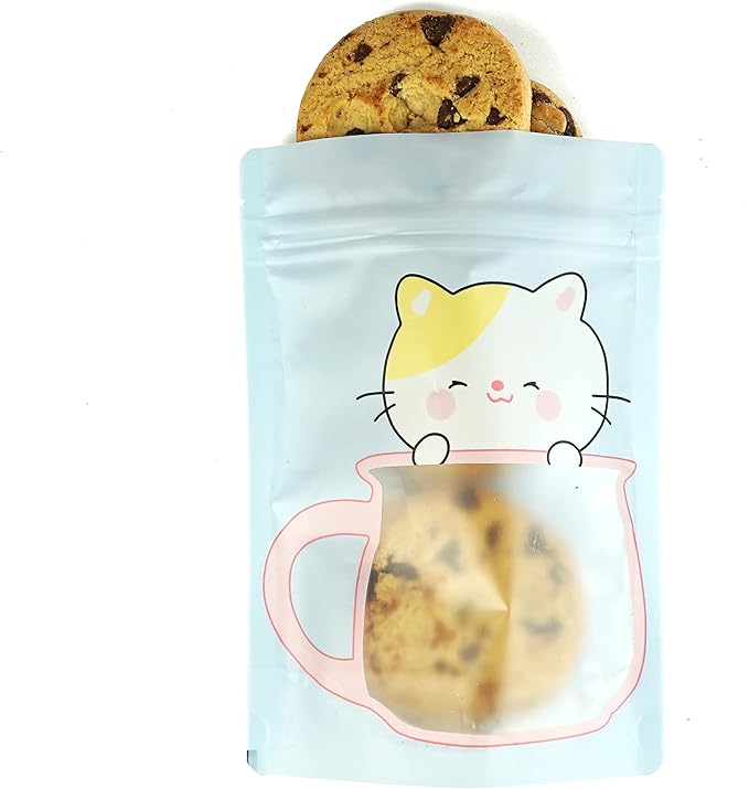 QQ Studio 100 Animal Designed Snack Bags, Plastic Bakery Bags, Cute Favor Bags for Snacks, Pastel Cookie Bags with Window, Zipper Seal Treat Storage Bags (6.25 Inch x 9 Inch, Blue Kitty)