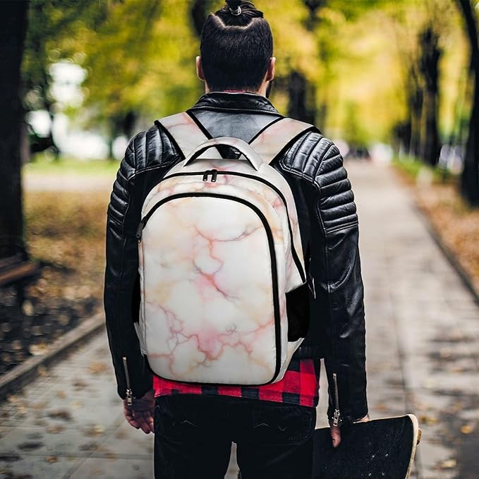 Large Capacity Laptop Backpack Pink Marble White, Sturdy Water Resistant College Bookbag with Water Bottle Pockets for Business Travel Gifts