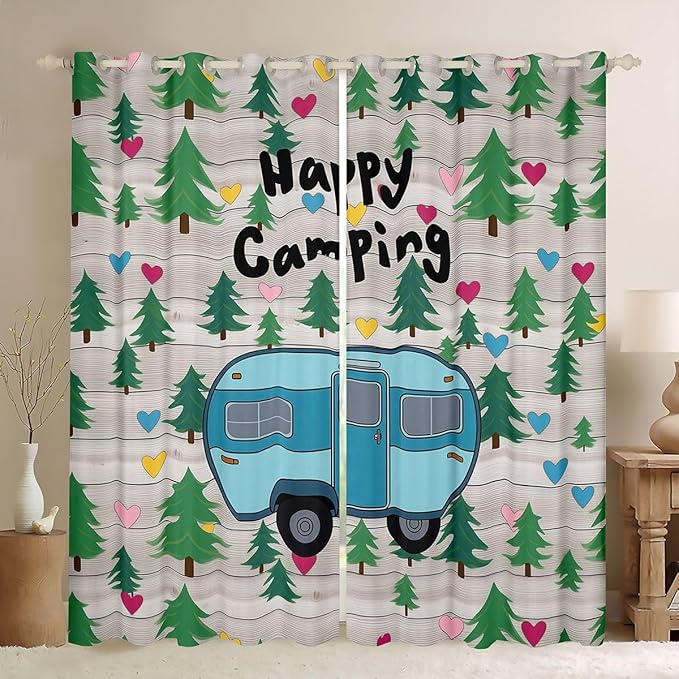 Erosebridal Happy Camping Blackout Curtains for Bedroom Living Room Blue Camper Rv Window Curtains 2 Panels 42" Wx90 L Vehicles Camping Decor Drapes,Watercolor Tree Mountain Window Treatments