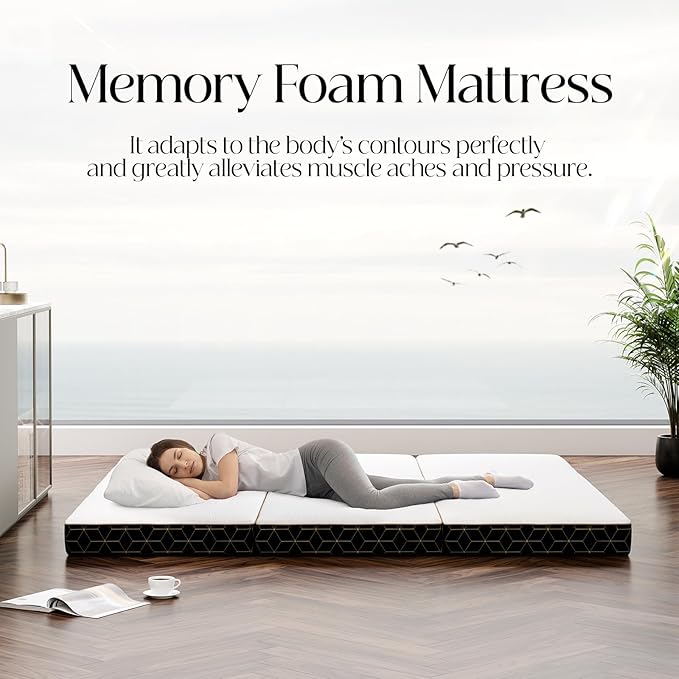 Tri-Fold Memory Foam Mattress Queen - 4 Inch Portable Folding Mattress with Handle & Washable Cover, Floor Bed with Non-Slip Base, Space-Saving for Room, Travel, Guest Bed, RV, 78"x58"x4"