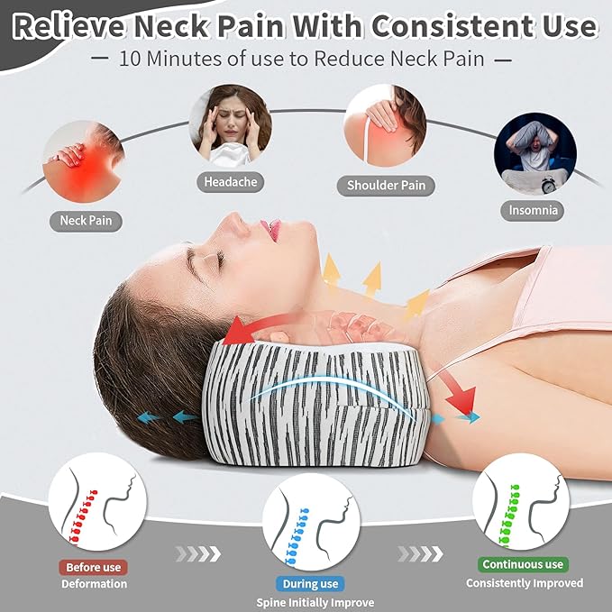 Neck Support Pillow, Cervical Neck Roll Memory Foam Pillow, Cervical Traction Device, Neck Pillow for Side Sleepers, Camping & Travel Pillow with Portable Bag