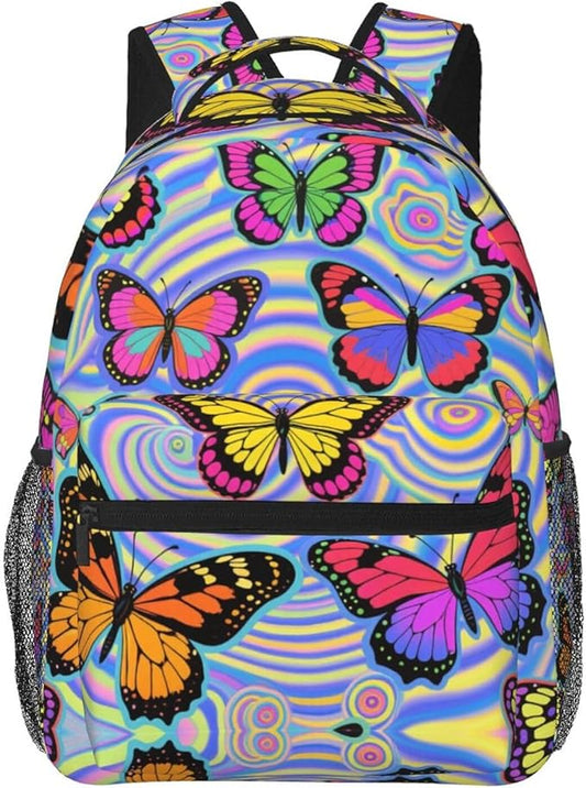 Rucksack Multipurpose Anti-Theft Big Capacity Shoulder Bag, Trippy Colorful Butterflies Art Travel Hiking Camping Rucksack With Side Pockets