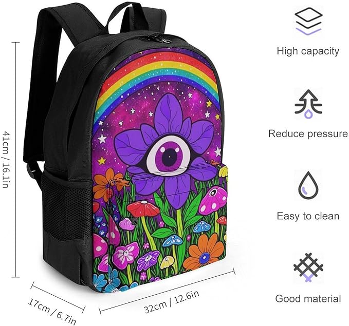 Supdreamc Shoulder Book Bags Anti-Theft Multipurpose Big Capacity Bookbag, Trippy Psychedelic Magic Eye Flower Art Travel Hiking Backpack With Smooth Zippers