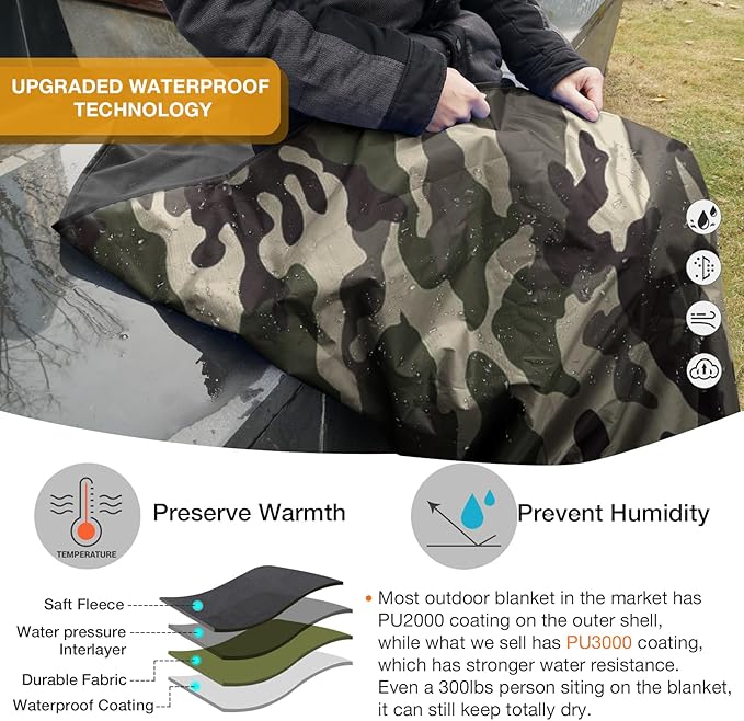DUKUSEEK Hooded Stadium Blanket, Camouflage Waterproof Windproof Outdoor Fleece Blanket - Large (79x56), Portable, Wearable, Warm for Outdoor Hunting, Sporting Events…