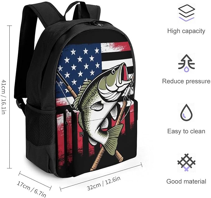 Men Women Polyester Vintage Bass Fishing Lure American Flag Daypack Big Capacity Shoulder Bag With Smooth Zippers for Hiking Work Walking Cycling
